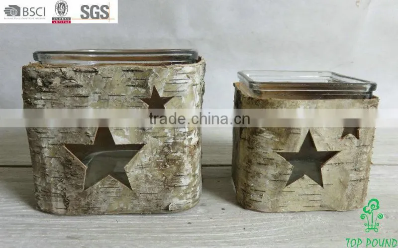 natural material wooden birch bark glass candle holder