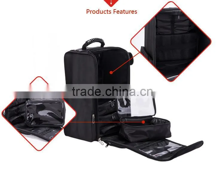 High quality professional artist nylon wheeled trolley cosmetic organizer with small clear makeup brush bag with zipper