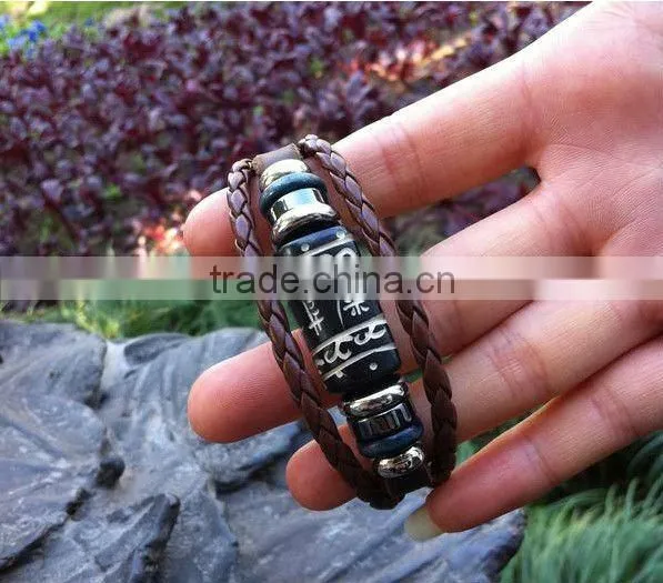 China style genuine plain leather bracelets with big cow bone bead