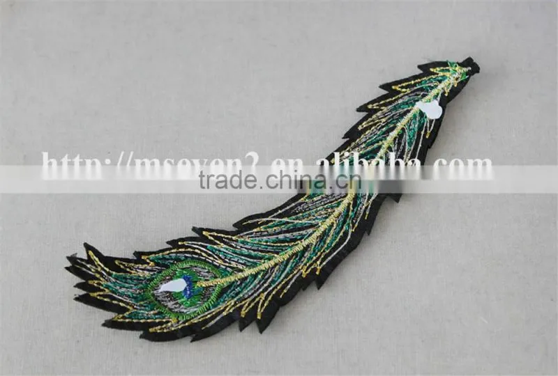 good looking green color applique embroidery design patch peacock feathers decoration garment