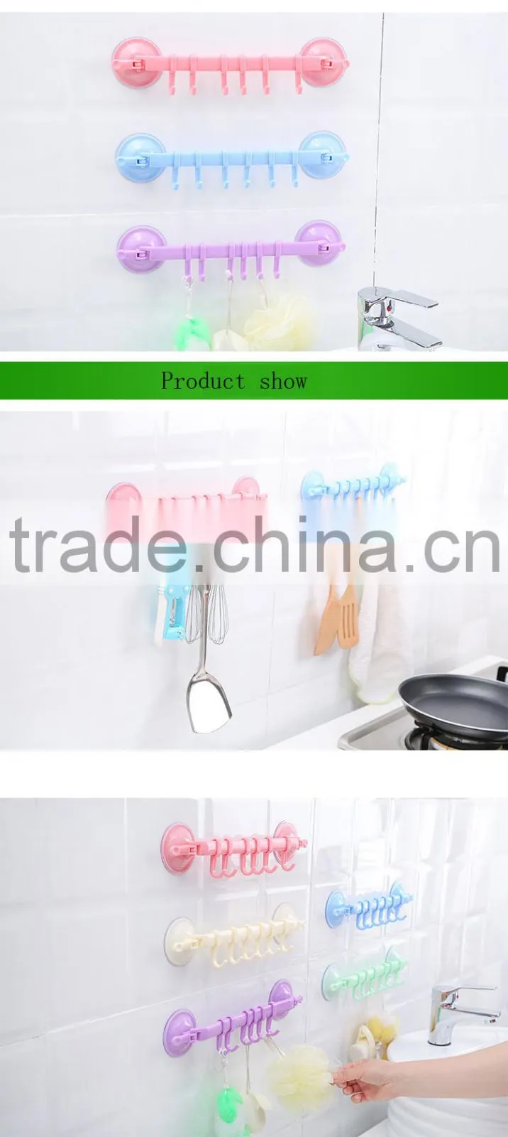 Eco-Friendly plastic Towel Rack Suction Cup 6 Hooks Bathroom Kitchen Holder Sucker