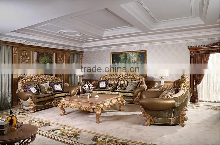 European Style Hand Carved Leather And Fabric Mixed 1+2+3 Sofa Set With Coffee Table(MOQ=1 SET)