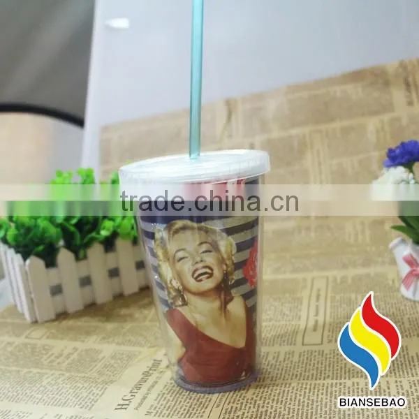 hot sale paper insert 16oz plastic tumbler double wall drinking mug