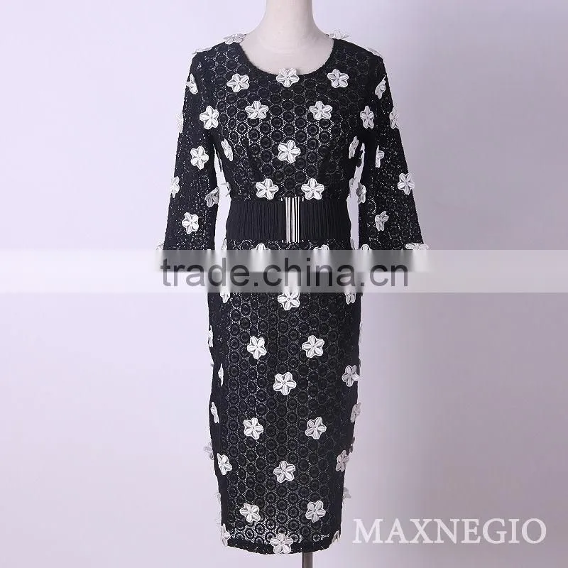 Hot fitting tailor black lace knee length white party dresses with waistband
