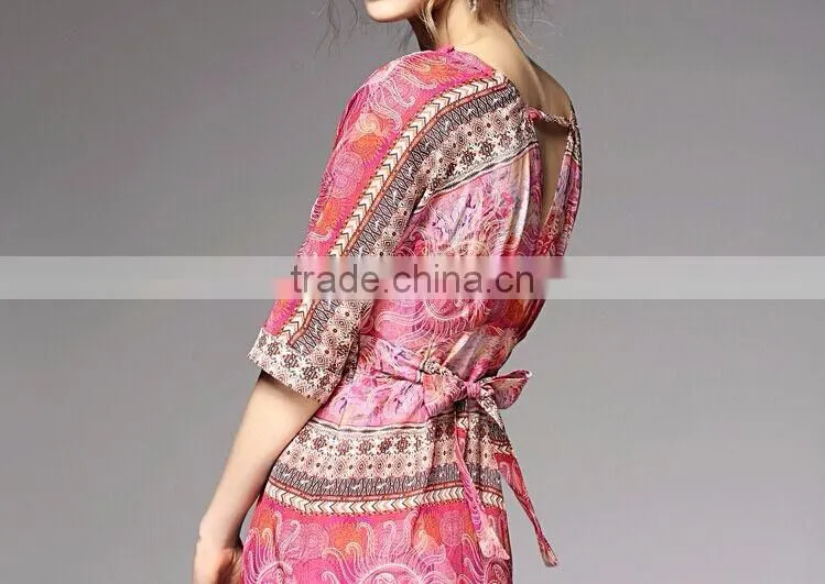 F20045A Europe style women silk dress printed pattern one piece dress