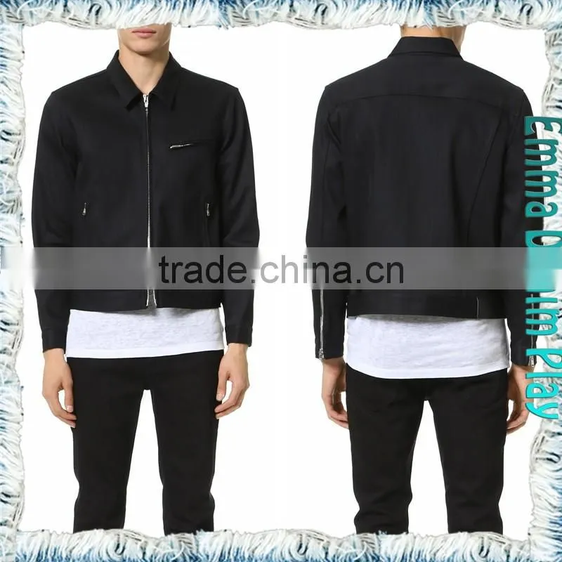 2016 Autumn New Men's Zipper Closure Fashion Solid Black Cropped Denim Jacket