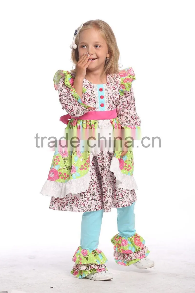Latest girl ruffle outfits fashion printed prom girls ruffle raglan pants set