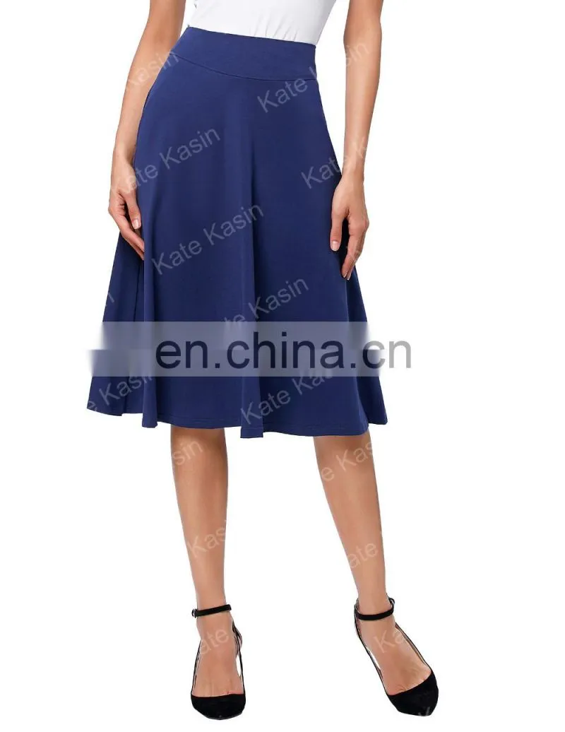 Kate Kasin Occident Women's High Stretchy Navy Cotton High Waist A line Flared Skirt KK000279-2