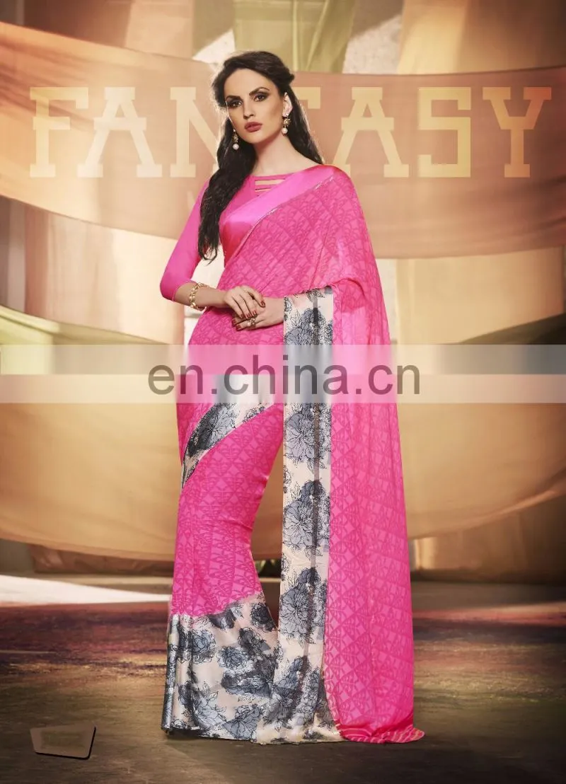 Orange Colored Georgette Satin Printed Saree