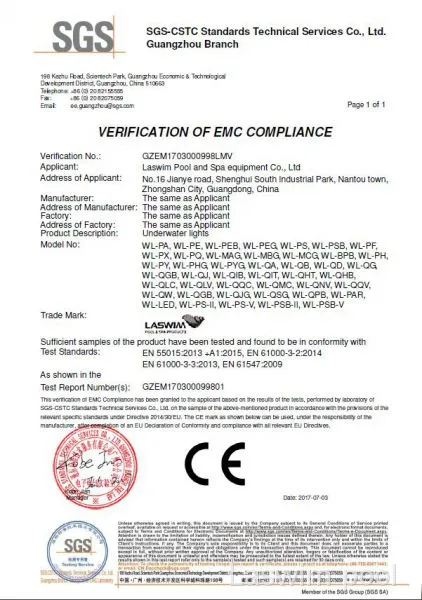 VERIFICATION OF EMC COMPLIANCE (for underwater lig