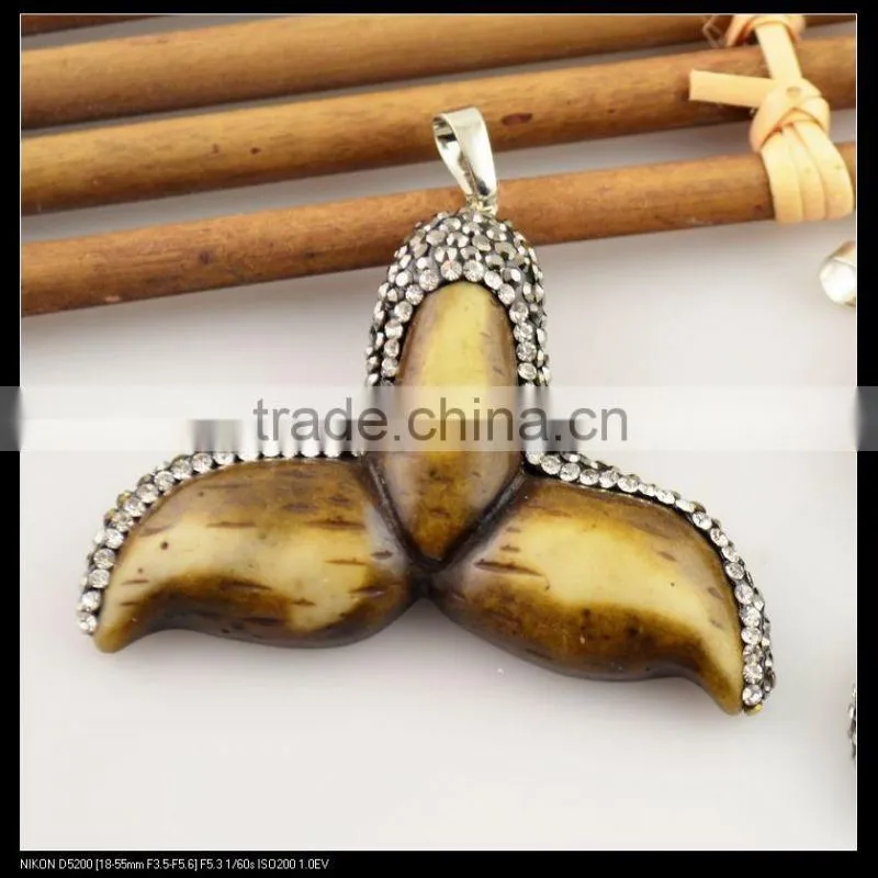 LFD-0089P ~ Wholesale OX Bone Carved Dolphin Tail Charms Pendant Necklace With Pave Crystal Rhinestone Fashion Jewelry