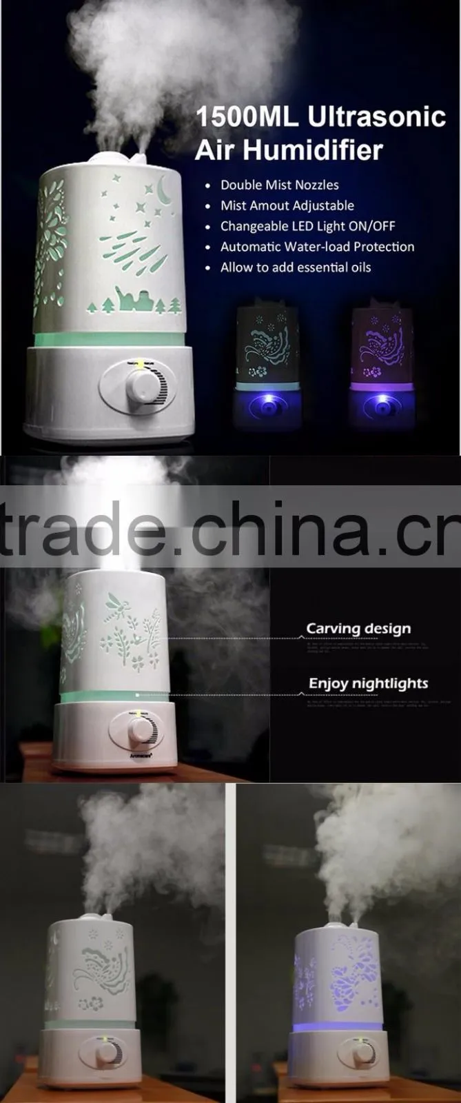 2016 Top Rated Home Appliance Ultrasonic Humidifier With 1.5 L Water Tank In PP Material