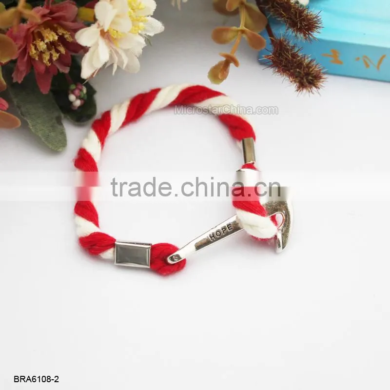 Wholesale Antique Braided Cotton Rope Silver Anchor Charm Bracelet