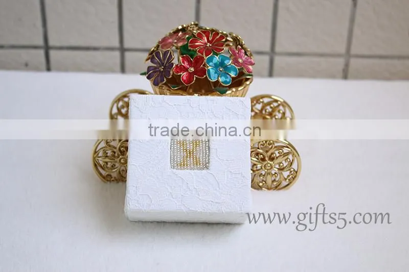 Custom white wedding ring box with beaded name plate of X
