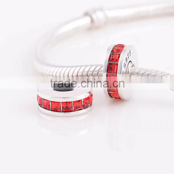 Elegant Red Zircon Stones Surrounding Flat Sterling Silver Charms For Bracelets European Style Silver Beads