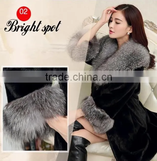 hotest style ladies' long imitation mink fur overcoat with silver fox fur collar
