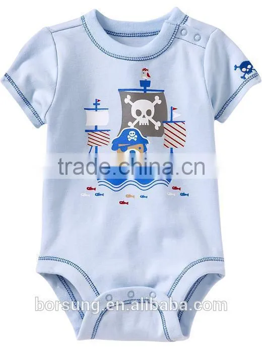 Adorable Fashion Short Sleeve Body Suit Printed Cotton Infant Romper With Merrow Stitch Cute Baby Clothing