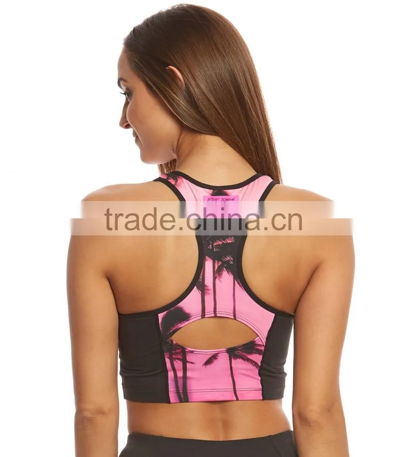 2017 ladies Custom design sublimation printed private label crop top Cutout Yoga Sports Bra wholesale