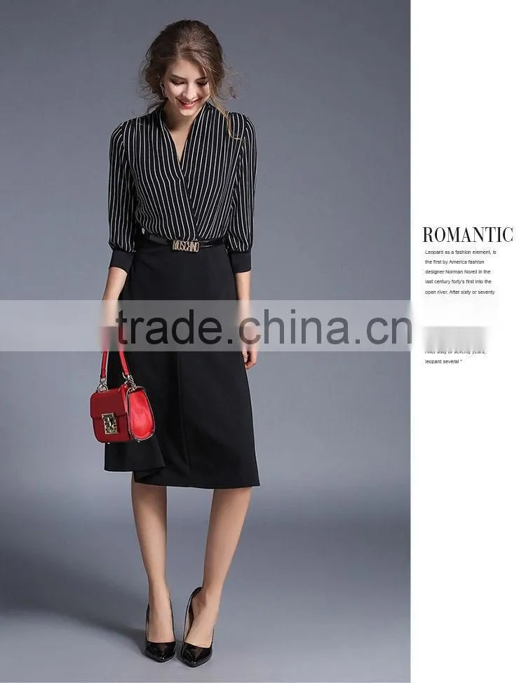 Fashion Women V Neck Vertical Stripes Office Dress Korean OL Belted Midi Dress