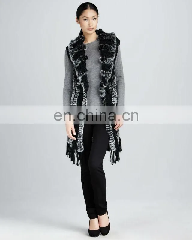 beautiful rex rabbit fur long knitted vest /dyed black&whitebeautiful rex rabbit fur long knitted vest /dyed black&white