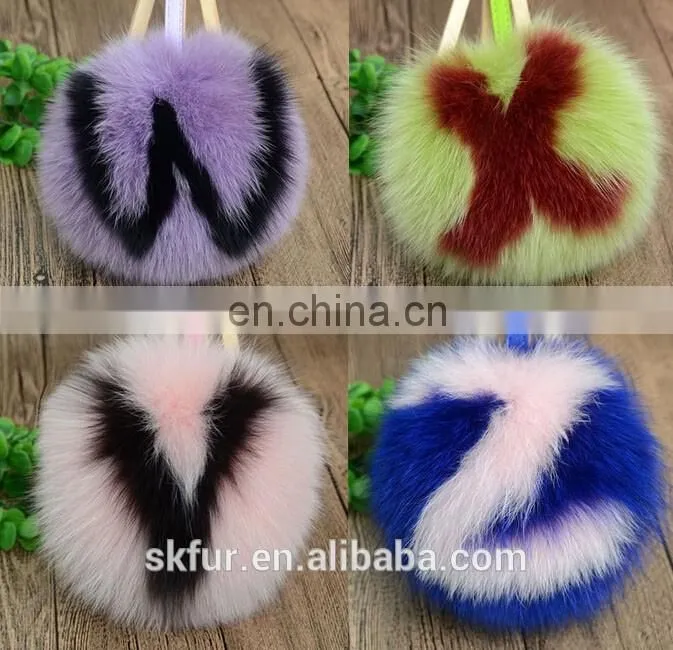 English letters design fox fur pom pom keychain