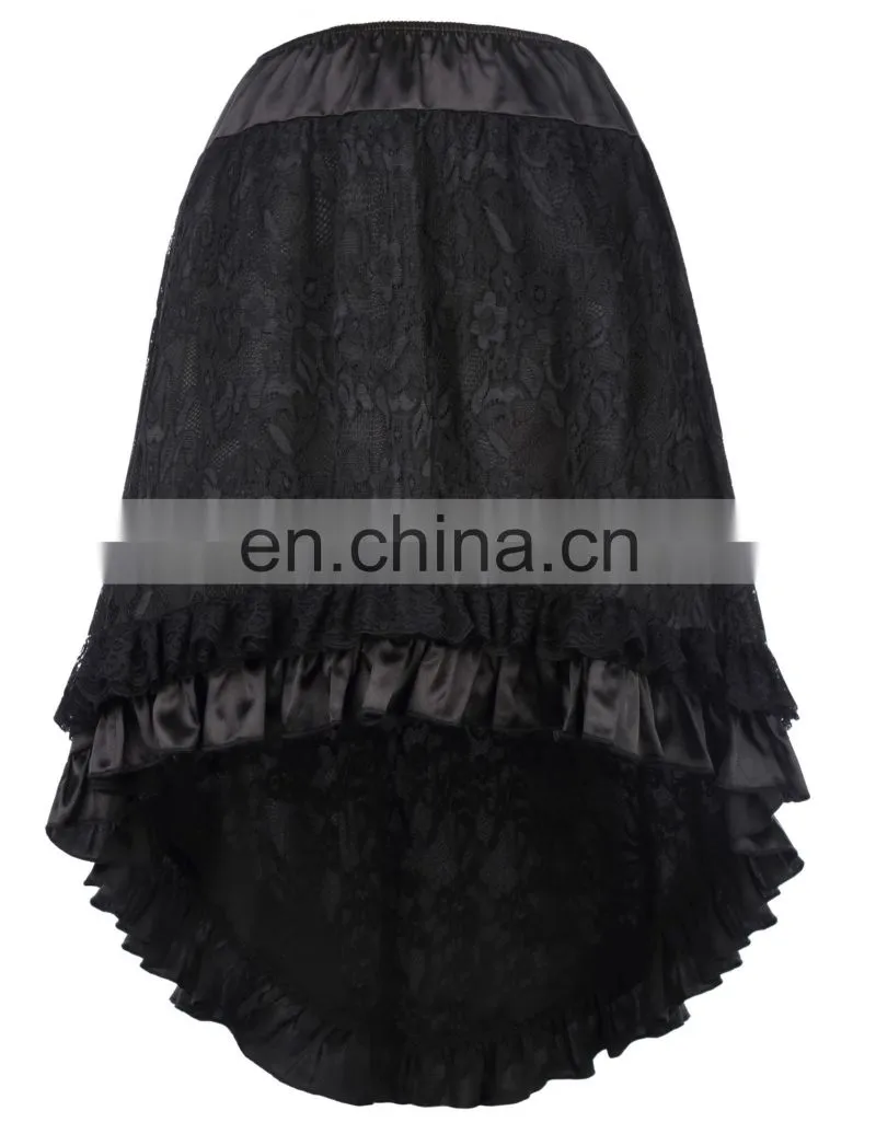 Belle Poque Vintage Retro Lace Satin Elastic Waist Asymmetrical High-Low Black Skirt BP000329-1