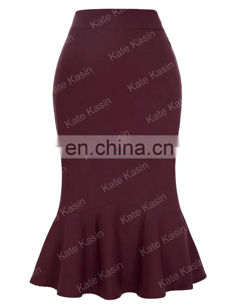 Kate Kasin Occident Women's Fashion OL Causal Wine red Mermaid Hips-Wrapped Pencil Skirt KK000241-2