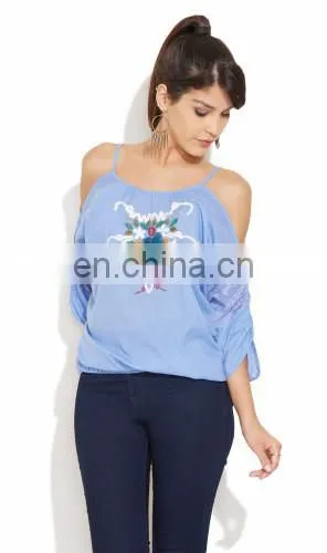 OEM Manufacturer Latest Designed Off Shoulder Embroidered & Sequence Work Elegant Indian Fashion Women Tunic Blouse/Blusas Dress