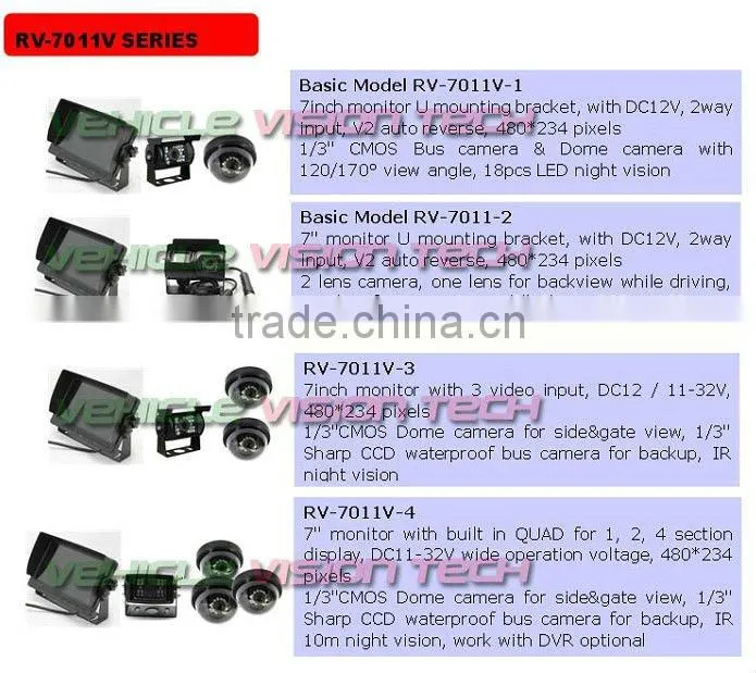 RV-7011V four camera monitor system with 7inch TFT LCD monitor, HD night vision camera