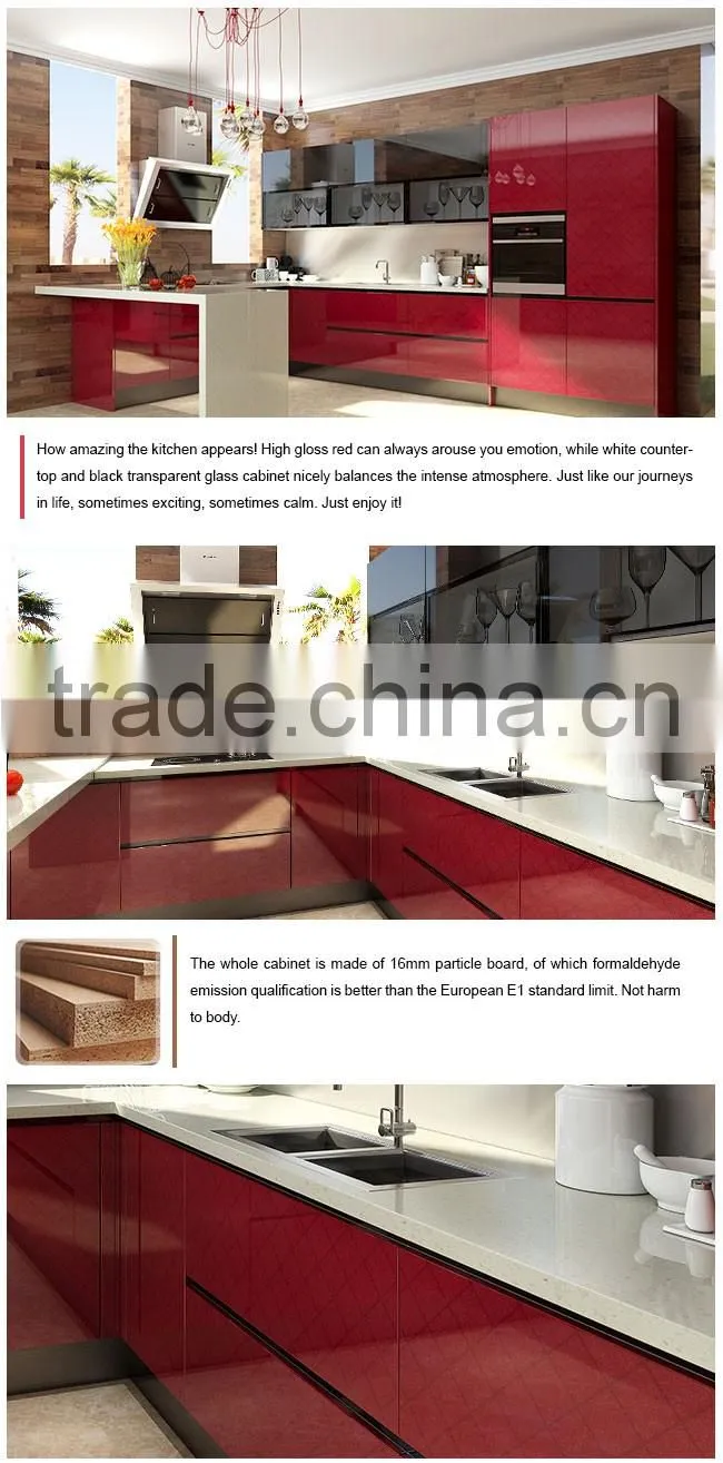 Dubai Exhibition Red Acrylic Wooden Kitchen Cabinet