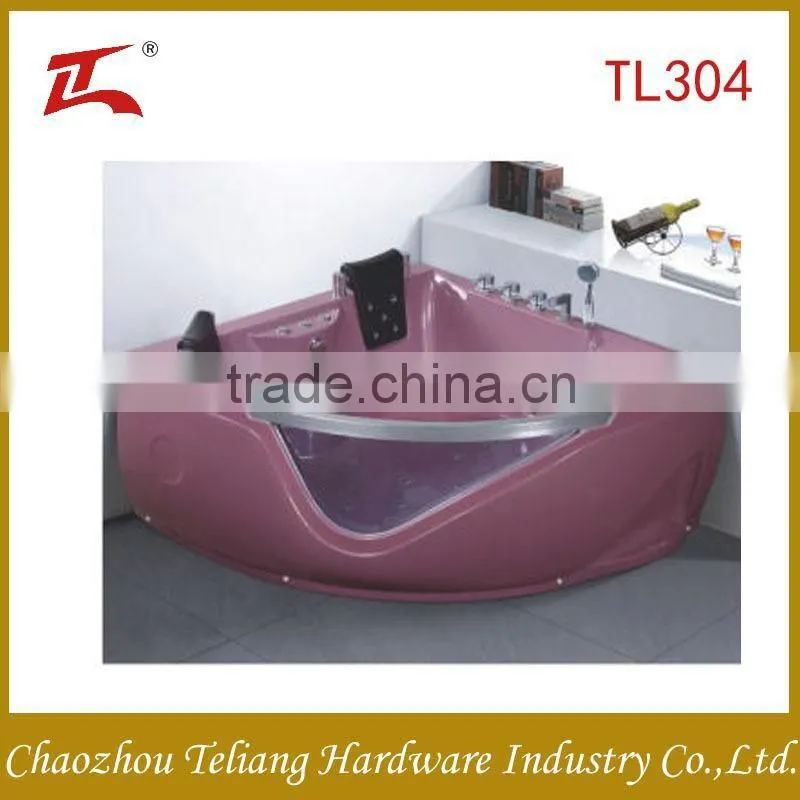 Crystal Pink Free Standing Triangle Two People Massage Arylic Bathroom Bathtub with Pillow