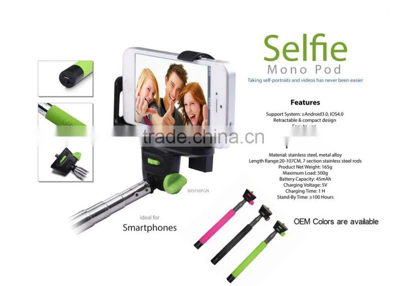 hot and wholesale phone camera wireless bluetooth selfie stick monopod