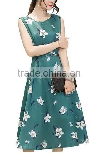 Womens Vintage Floral Printed Cap Sleeve Tea Dress with Belt