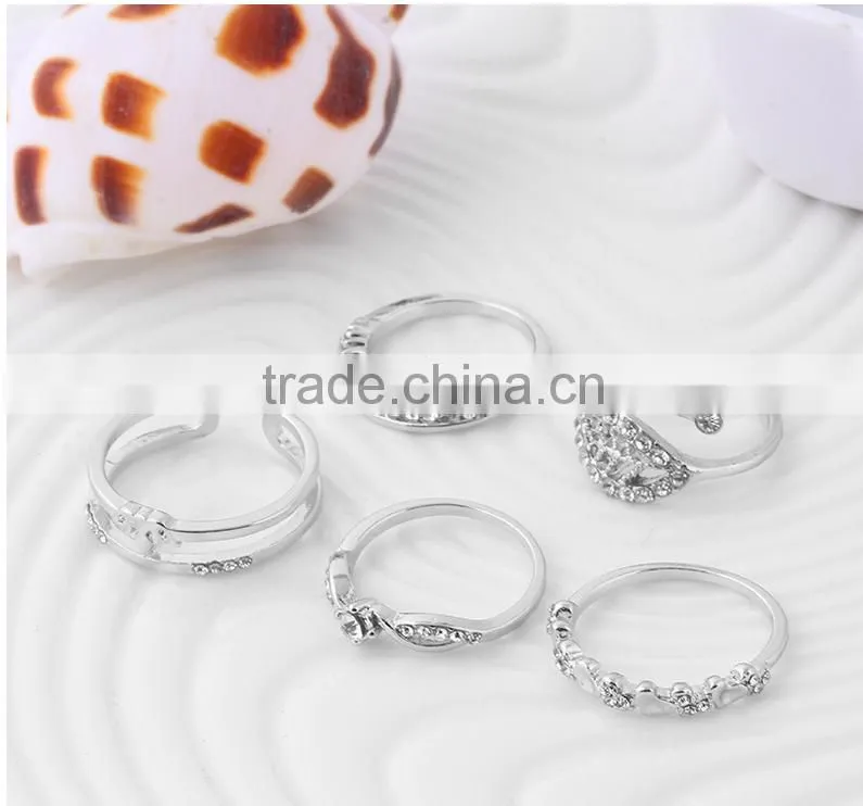 Crystal gold/silver plated dubai rings jewelry 5pc ring knuckle set