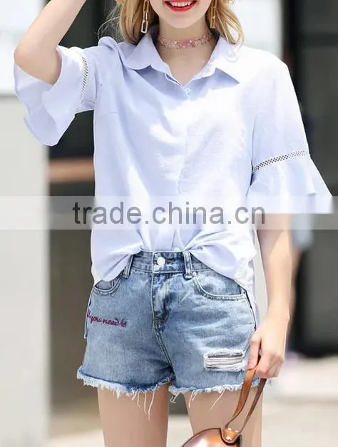 2017 wholesale new fashion striped shirt with ruffle sleeve