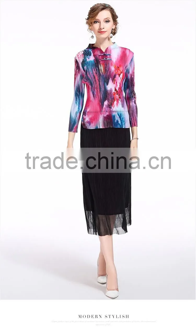 Chinese ink and wash panting double buttons for women folding dress
