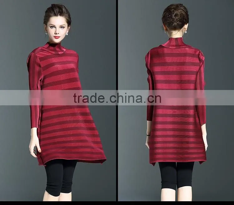 Spring models lady casual clothing stripped turtleneck crinkled dress