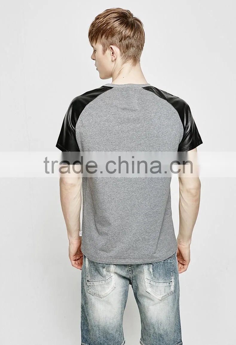 Pure cotton leather sleeve t shirts with pocket PU T-shirt Casual T-shirt