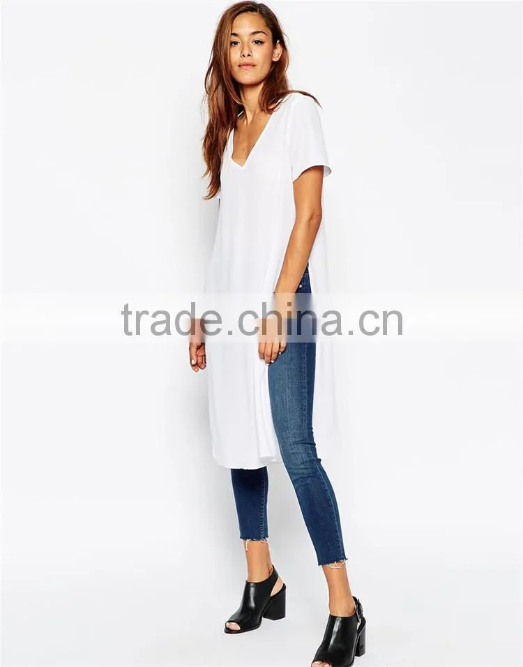 Girls longline plain white v neck 100 cotton white t shirt