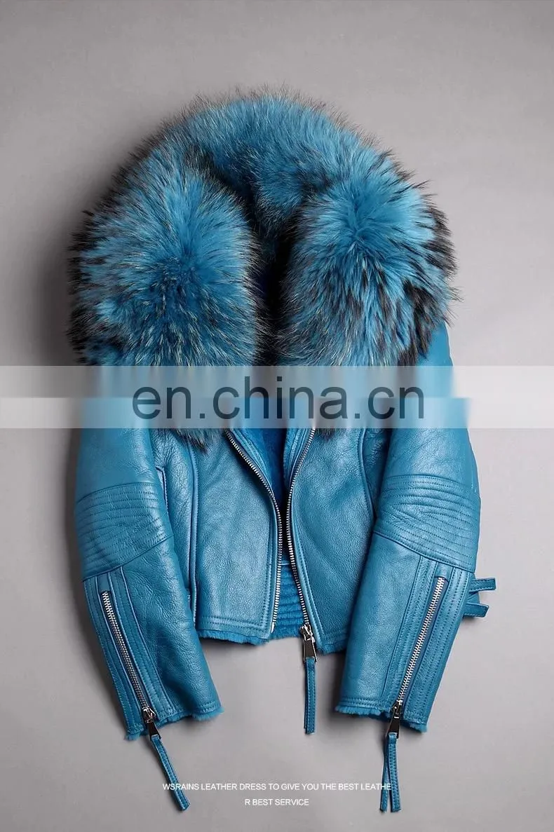 2017 High Quality Large Fluffy Real Raccoon Fur Collar Jacket Coat Lady Winter Sheepskin Genuine Sheep Leather Jacket Women
