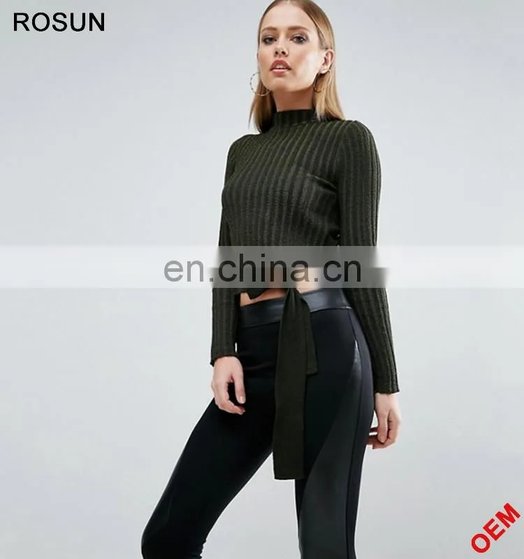 Rosun Newest Designs Collection Turtleneck Tie Waist Partten Ribbed Knit Jumper