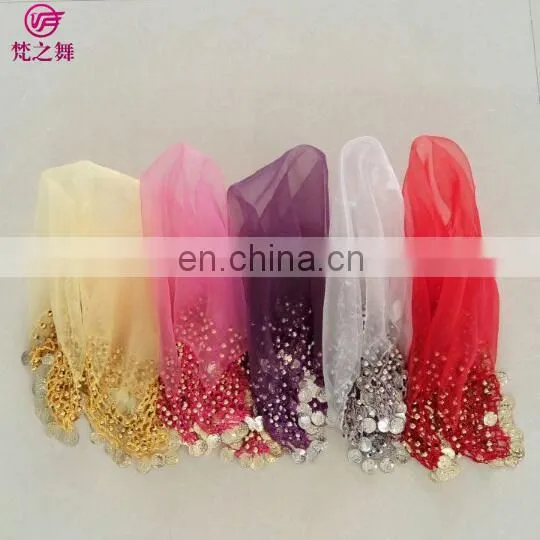 Arabic organza retangal 50*50cm belly dance veil scarf with handmade siver and gold coins P-9037