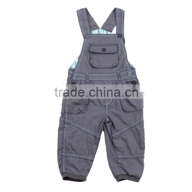 Kid's 100%cotton dark grey cheap stock clothing suspender pants