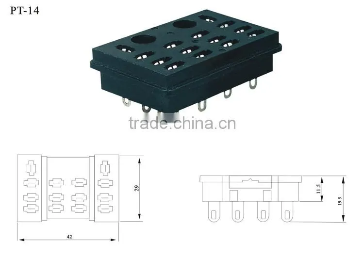 PT-14 General Miniature Black Color 300V 10A 14 Pins Square Type PCB Mouting Electro-magnetic Power Relay Socket with CE