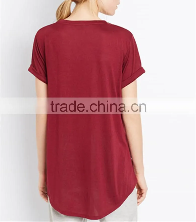 Ladies Classics dark red round neck lightweight rayon tee with curve high-low hem women tops