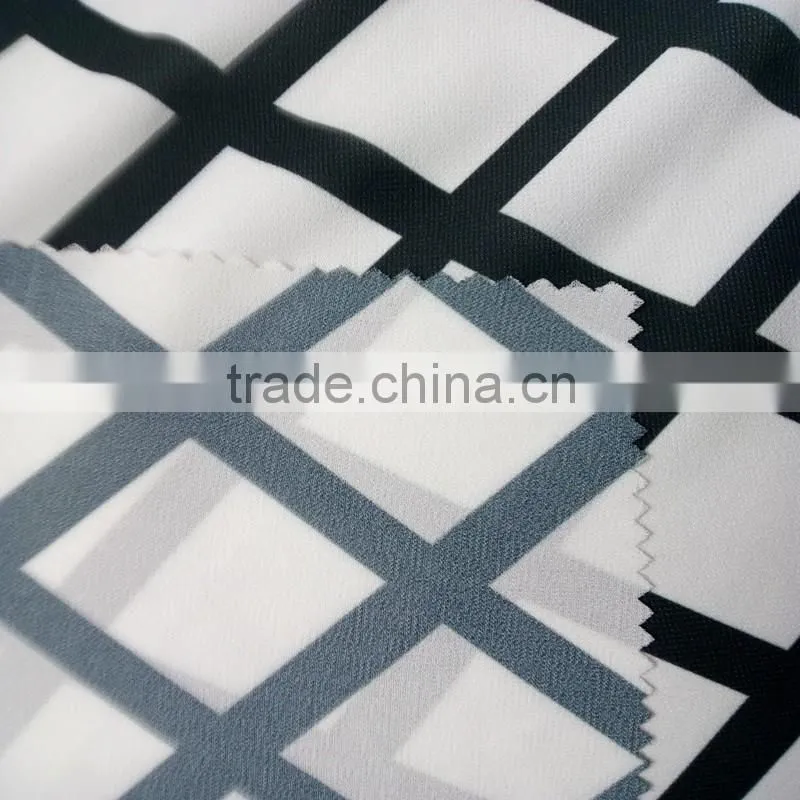 Black White Polyester Print Chiffon with strong twisting plaid style fabric for fashion shirt