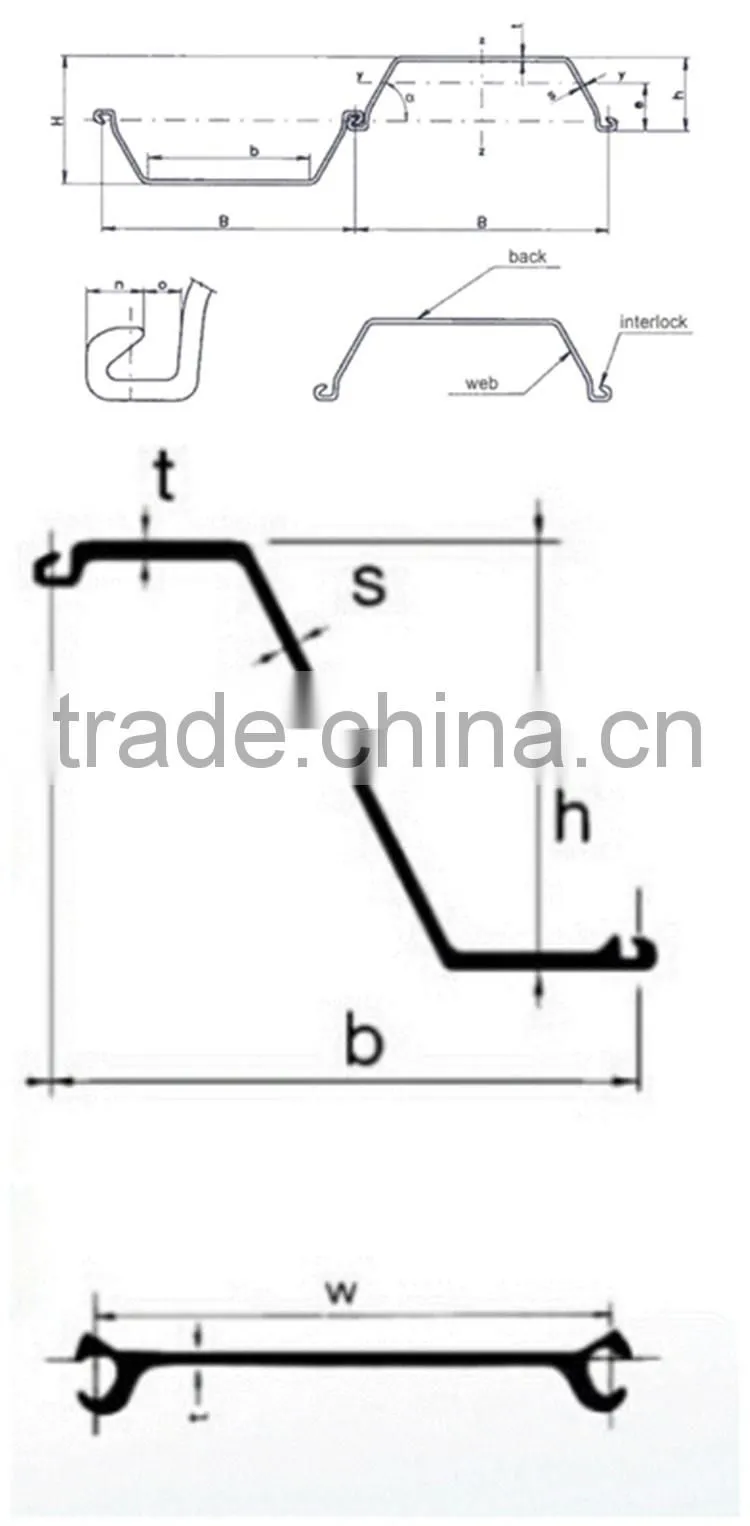 Hot Sale High Qulity 8mm thick different types of U type Z type used steel sheet pile Q295bz