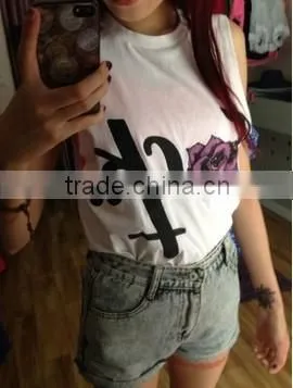 China wholesale printed design sleeveless tank top/ladies top chest printing