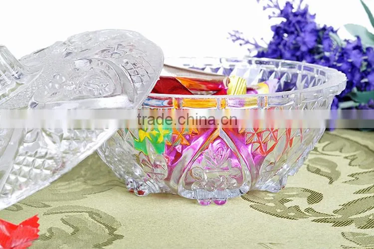 colored glass fruit bowl with glass lid