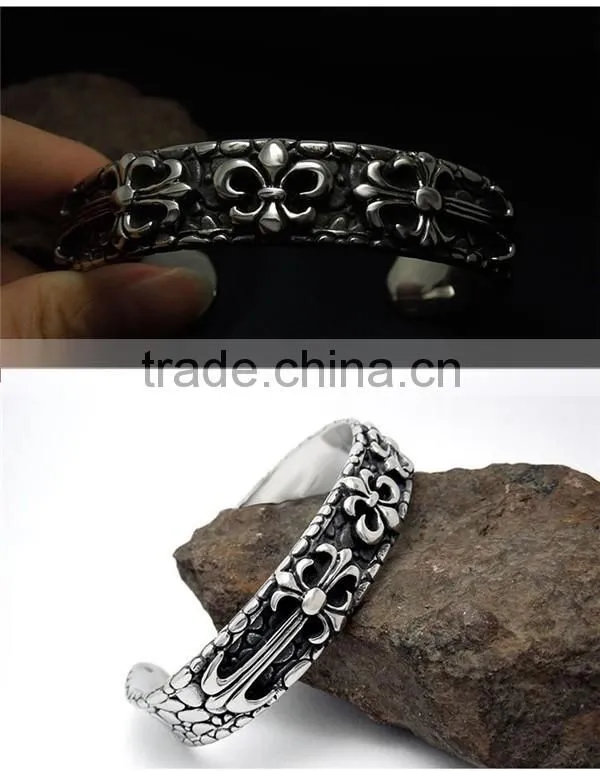 C shape antique silver vintage punk engraved stainless steel bangles